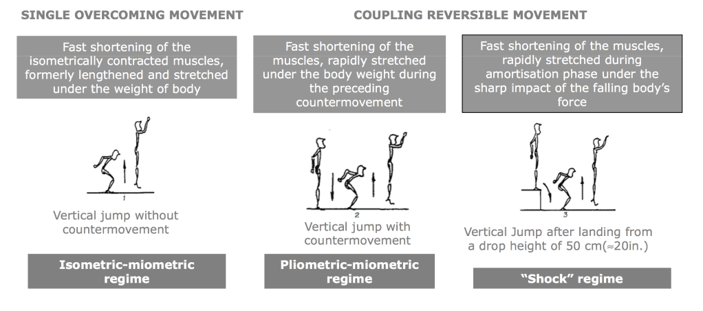 Three types of jumps showing concentric, countermovement, and drop jump mechanics